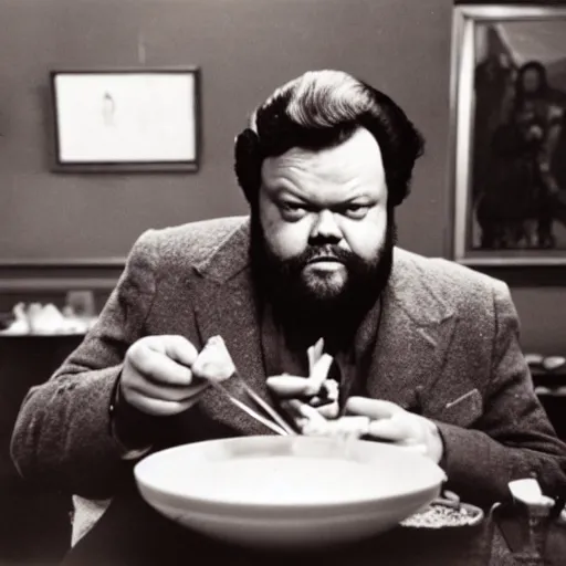 Prompt: orson welles eating a soup. award winning photography