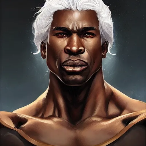 Image similar to wow! fanart, beautiful muscular black man with white hair and a protruding jaw, with visible pectoral muscles, d & d, high fantasy, detailed, digital art, artstation, smooth, sharp focus, art by artgerm, greg rutkowski, alphonse mucha