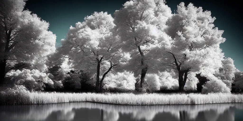 Prompt: beautiful infrared landscape photography with trees and water by david keochkerian and mike irwin, ir filter, rule of thirds