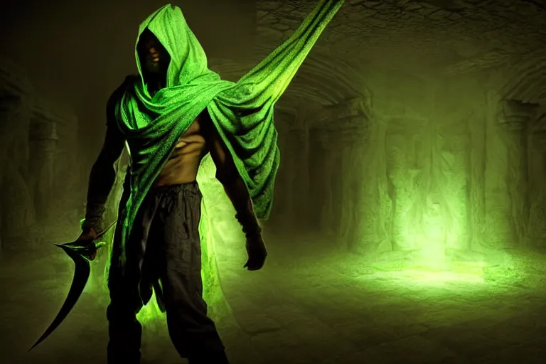 Image similar to vfx film, photorealistic render, soul reaver, raziel irl, price of persia movie, missing jaw, hero pose, devouring magic souls, scarf, hood, glowing green soul blade, in epic ancient huge underground temple, stonehenge, flat color profile low - key lighting award winning photography arri alexa cinematography, hyper real photorealistic cinematic, atmospheric cool colorgrade