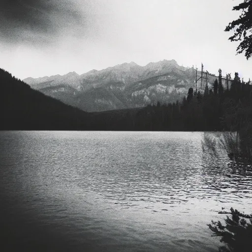 Prompt: lake lake, mountains, dark, dangerous, trees, low light, horror, atmospheric, vintage photography, film