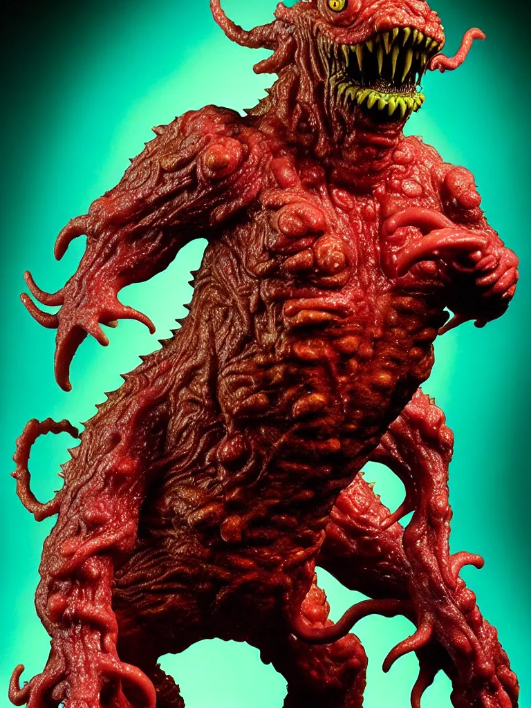 Image similar to hyperrealistic rendering, fat smooth wet cronenberg flesh monster smooth kaiju by art of skinner and richard corben and jeff easley, product photography, action figure, sofubi, studio lighting, colored gels