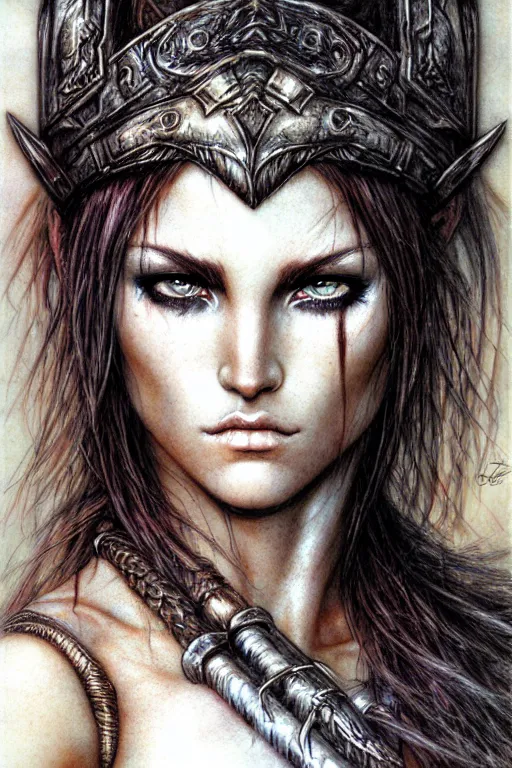 Prompt: head and shoulders portrait of a barbarian, female, high fantasy, d & d, by luis royo, smooth, face details, extremely detailed, digital illustration,