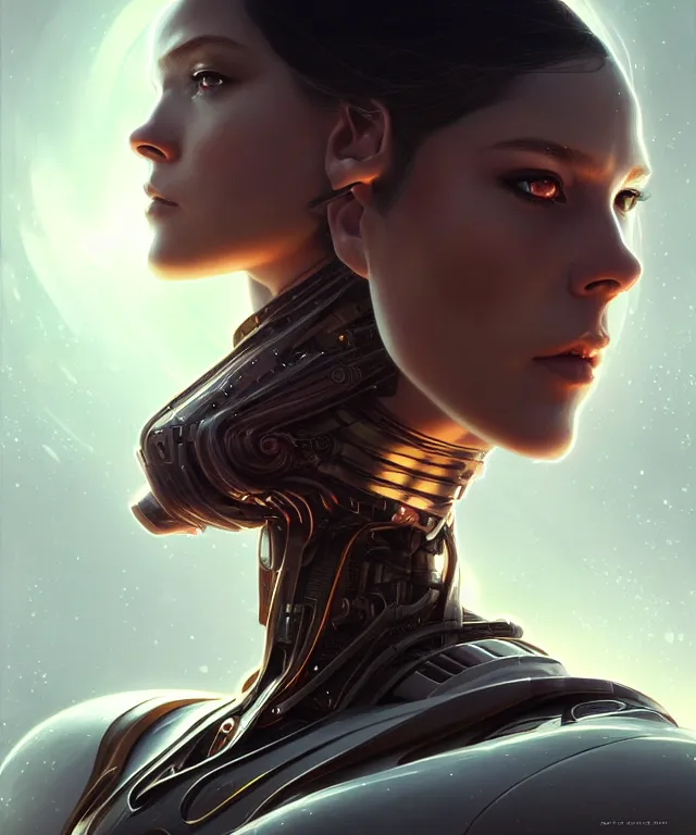 Image similar to futuristic android portrait, sci-fi, amber eyes, face, long hair, fantasy, intricate, elegant, highly detailed, digital painting, artstation, concept art, smooth, sharp focus, illustration, art by artgerm and greg rutkowski and alphonse mucha