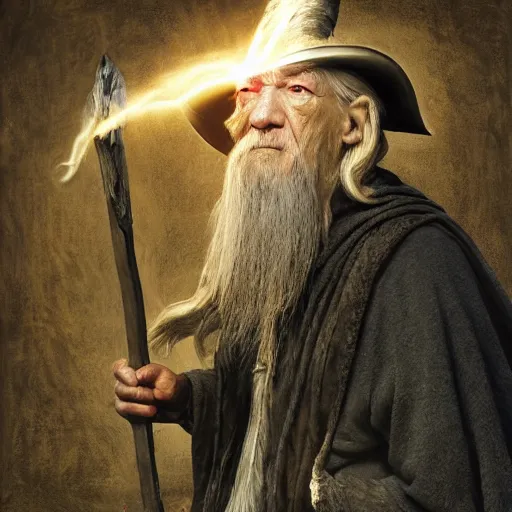 Image similar to the evil ian mckellen smithing on an anvil as gandalf in a dark viking hood playing odin all father crafting the plant of life with vines sprouting from the anvil, highly detailed, cinematic shot, cinematic lighting, 8 k, exquisit facial detail, magical realism painting, chiaroscuro, dark painting.