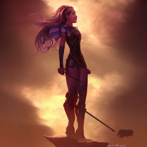 Image similar to fantasy heroine detailed looking heroically at the sky at dusk, profile, in the style of Milica Čeliković and James Daly, artstation, digital art