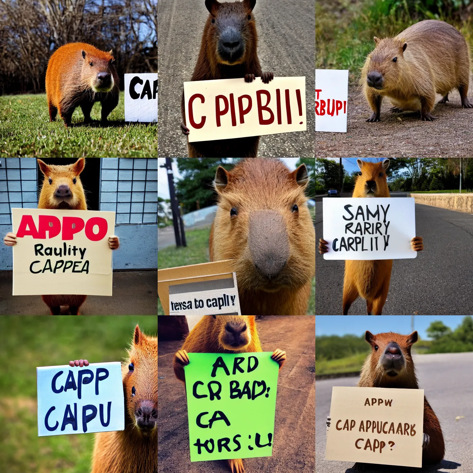 Prompt: realistic high quality photo of a capybara holding a sign with text that reads : capybara