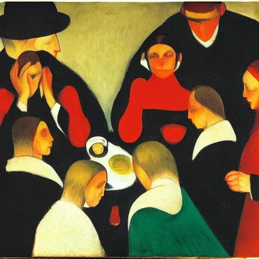 Prompt: by kathe kollwitz, by august macke awesome cardinal. a beautiful body art of a group of people gathered around a table in a tavern. they are all eating & drinking, & appear to be enjoying themselves.