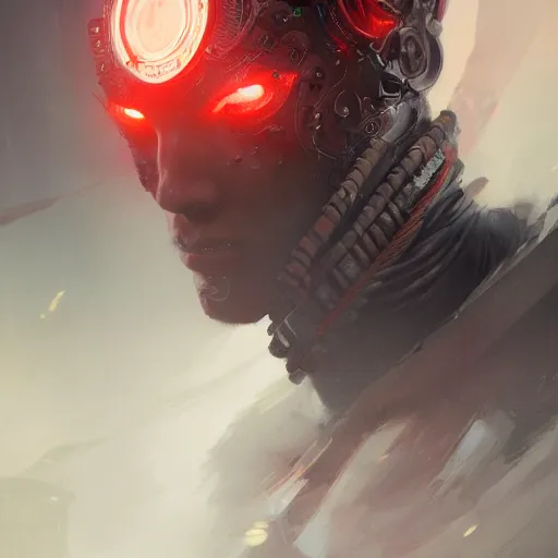 Prompt: cyborg samurai, red eyes, detailed face, intricate, detailed, volumetric lighting, scenery, digital painting, highly detailed, artstation, sharp focus, illustration, concept art, ruan jia, greg rutkowski