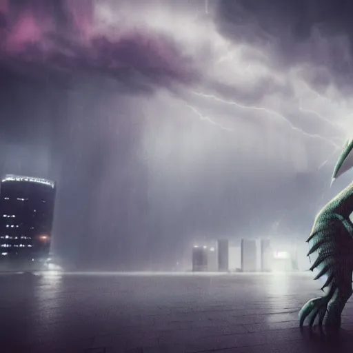 Image similar to 8 k hd detailed octane render of a kaiju in city in a thunderstorm