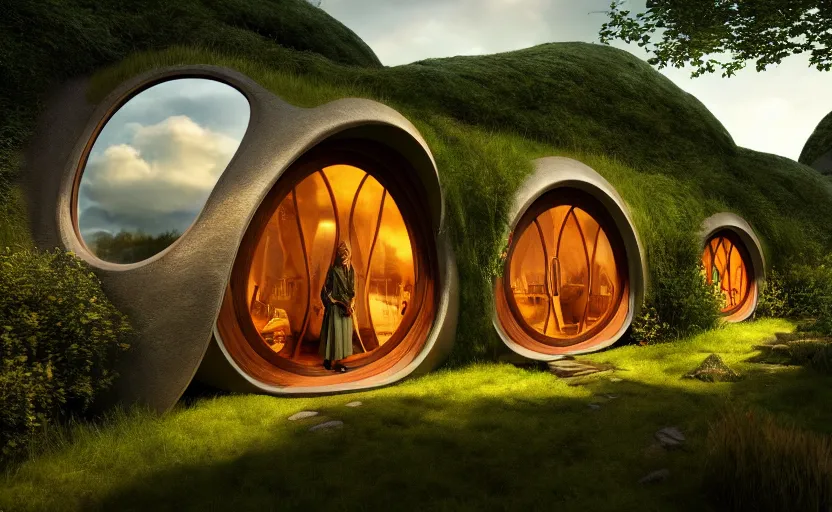 Prompt: exterior shot of hobbit houses at bag end shire in utopian architecture transparent building with cinematic lighting by zaha hadid and renzo piano, darek zabrocki and greg ruthkowski, alphonse mucha, simon stalenhag, cinematic, stars, beautiful, holy place, paradise, scifi, futurism, atmospheric, concept art, artstation