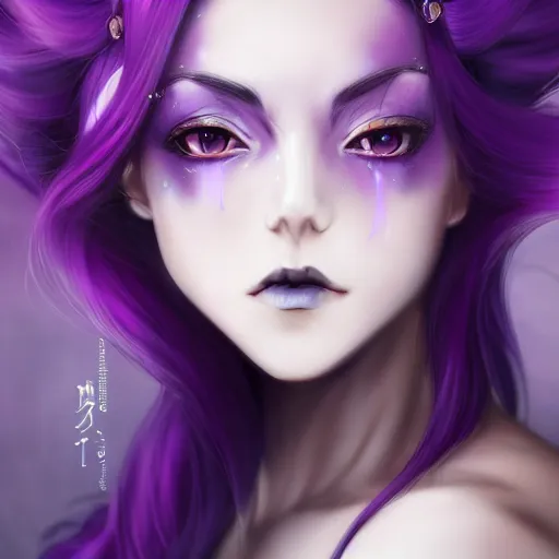 Image similar to beautiful anime woman with purple hair, a horn! on her forehead, a horn on her head, one horn, a single horn, purple eyes, a purple tuxedo, sharp focus, intricate, cell shaded, award winning photography, cinematic, digital painting, cinematic, wlop, 8 k, by ross tran, tom bagshaw