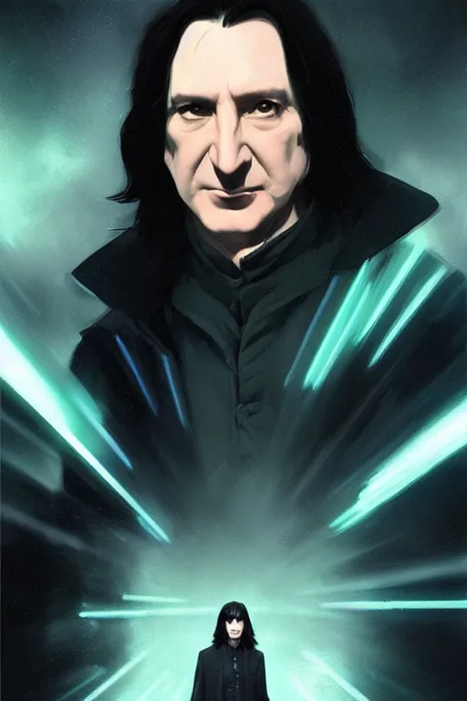 Image similar to portrait of severus snape with holograms in cyberpunk, neon lighting, night city, digital art from artstation by Ruan Jia and Mandy Jurgens and Artgerm and william-adolphe bouguereau and Greg Rutkowski