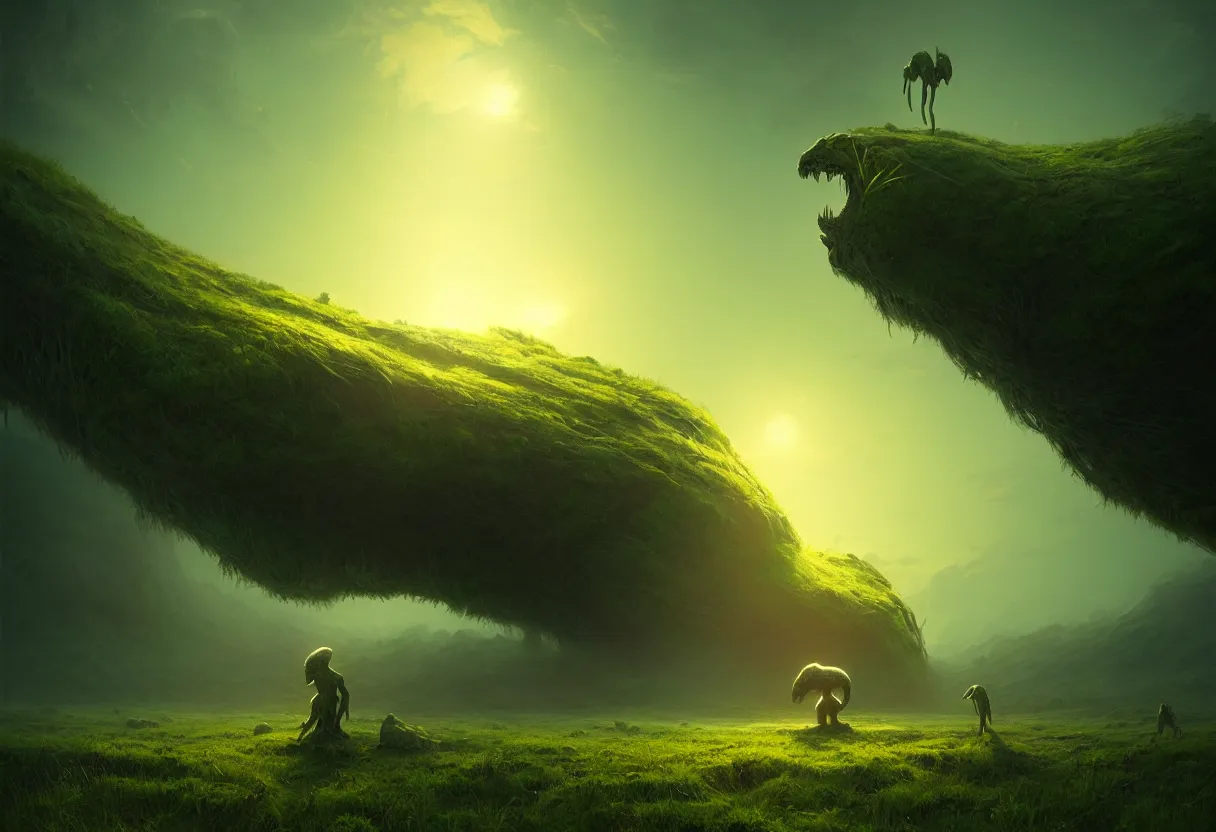 Image similar to strange creature emerging from surface of green summer planet at sunset, ultra high definition, ultra detailed, symmetry, fog, matte painting, by greg rutkowski and ross tran and wlop