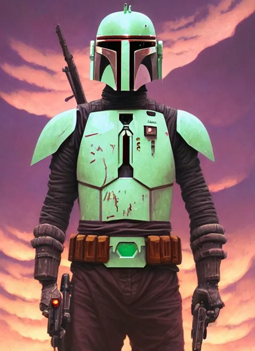 Image similar to symmetry! highly detailed portrait of boba fett, shallow focus. fantasy art by greg rutkowski, loish, rhads, ferdinand knab, makoto shinkai and lois van baarle, ilya kuvshinov, rossdraws, tom bagshaw, alphonse mucha, global illumination, radiant light, detailed and intricate environment