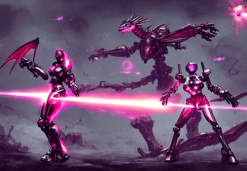 Prompt: epic cinematic shot of singular stunning beautiful hot anthropomorphic mecha female dragon fighting in the nuclear war with laser rifle, has silver armor and fuchsia skin, skeletons on the ground, bleak atmosphere, warframe fanart, terminator art, epic scale, furaffinity, deviantart, octane