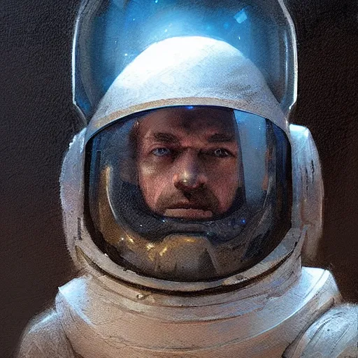 Image similar to Portrait painting of a medieval astronaut wearing helmet by greg rutkowski and Craig Mullins, Dark atmospheric and cinematic lighting