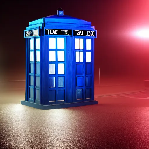 Image similar to a hyperdetailed photograph of the tardis sat on a futuristic street corner, night, dense fog, rain, hd, 8 k resolution