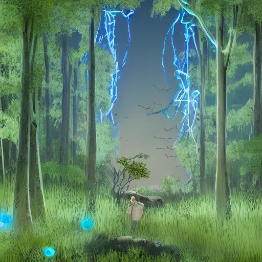 Prompt: a dirty lost person is following a floating blue glowing ball of light through the swampy forest, extremely detailed multiple unique different art styles.