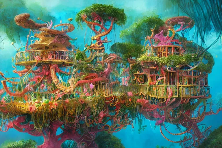 Image similar to an elaborate whimsical treehouse built under the sea, surrounded by colorful coral and dolphins, hyperdetailed, artstation, concept art, 4k