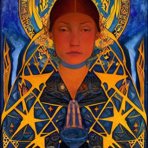 Image similar to the night crown, by Annie Swynnerton and Nicholas Roerich and Diego Rivera, embroidered robes, starry tattoos, elaborate costume, geometric ornament, symbolist, soft colors, dramatic lighting, smooth, sharp focus, extremely detailed