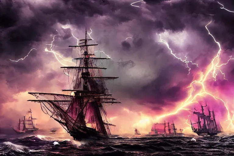 Prompt: huge pirate ships with large white sails rocked by violent stormy waters, massive fire and electrical storm clouds in epic purple sky, dark night, digital art, cinematic, hd, trending on artstation