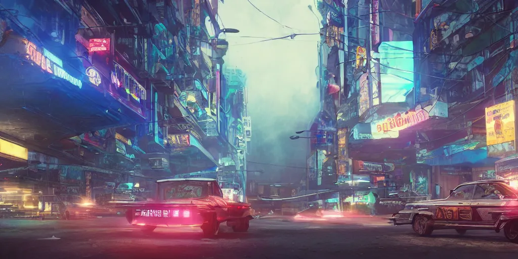 Image similar to a 3 d rendered in unreal engine guatemalan cyberpunk city with flying cars with neon ads and signs with evocative dramatic mood with blade runner vibe with motion blur with depth of field with bloom with lightshaft with volumetric lights, fog, by jeremy mann, oscar winning graphics, photo realistic, bloom, imax, dynamic lighting, artstation,