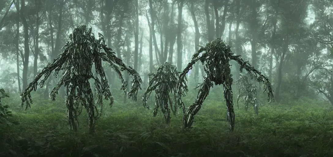 Image similar to a complex organic fractal 3 d metallic symbiotic ceramic humanoid megastructure creature in a swampy lush forest, foggy, cinematic shot, photo still from movie by denis villeneuve, 9 0 s anime by junji ito