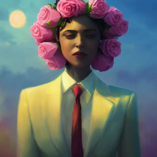 Prompt: closeup, huge rose flower under head, frontal, girl in a suit, surreal photography, sunrise, dramatic light, impressionist painting, digital painting, artstation, simon stalenhag