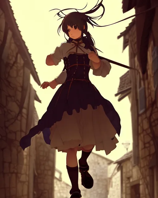 Image similar to pixiv, key anime visual portrait of a young female walking through a medieval village, dynamic pose, dynamic perspective, cinematic, dramatic lighting, detailed silhouette, film grain, yoshitaka amano, tending on artstation, face by yoh yoshinari, detailed, intricate