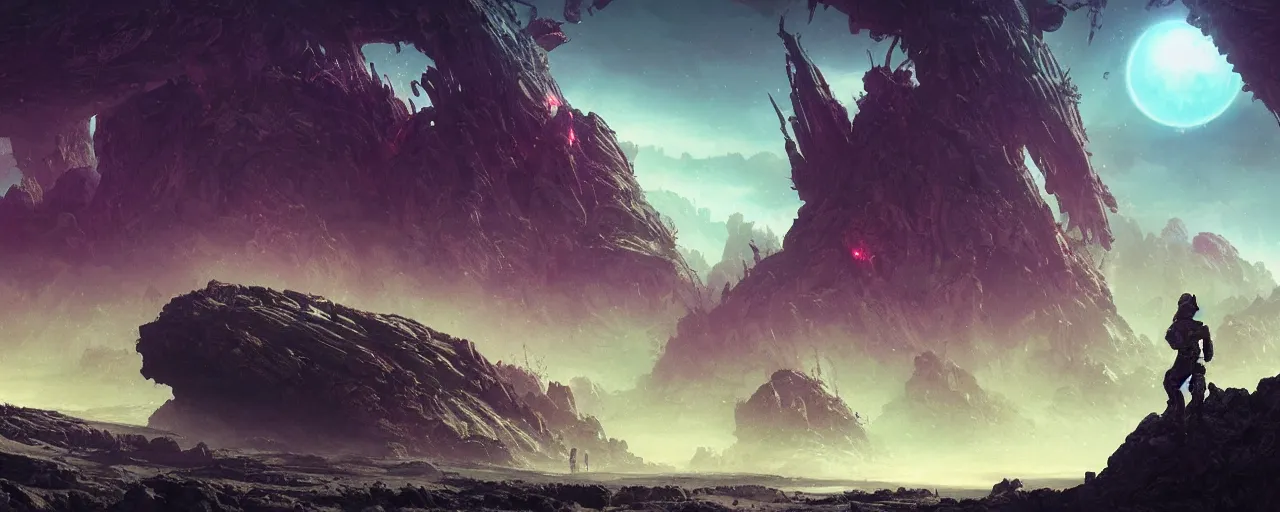 Image similar to ” mysterious and intimidating alien landscape, [ dangerous, cinematic, detailed, epic, widescreen, opening, establishing, mattepainting, photorealistic, realistic textures, octane render, art by slop and paul lehr ] ”