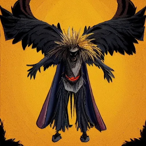 Image similar to An anthropomorphic raven wearing frayed yellow robes while worshipping a black hole. Character art. D&D.