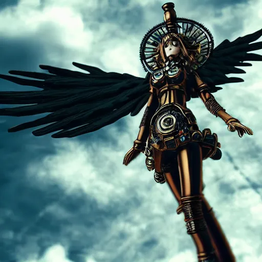 Prompt: steampunk angel, anime, extremely detailed, cinematic lighting, low angle, intense, epic, clouds, sky,