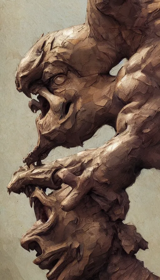 Image similar to wooden gargoyle profiles, paint texture, digital painting, highly detailed, artstation, sharp focus, sunlit, painted by ruan jia, raymond swanland, lawrence alma tadema, zdzislaw beksinski, norman rockwell, jack kirby, tom lovell, alex malveda, greg staples