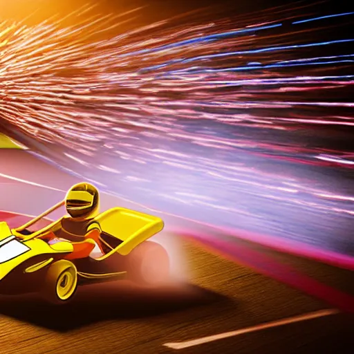 Image similar to young go - kart racer taking a corner at speed on a race track, motion blur lights, laser, smoke, debris, fast movement, light streaks, dark mood, night time