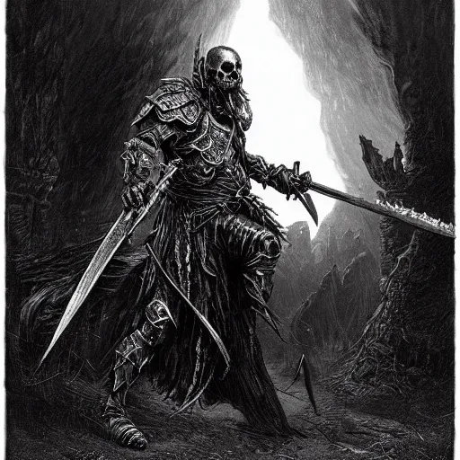 Image similar to undead warrior wearing a skull mask and wielding a battle axe, engraving, concept art, elden ring, illustration, dark fantasy, smooth, artgem, by gustave dore and greg rutkowski