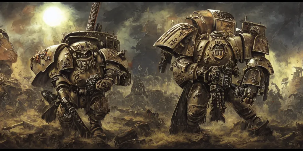 Image similar to Warhammer 40K battle with Leatherface as a space marine, art style of John Blanche, hyper detailed, award winning