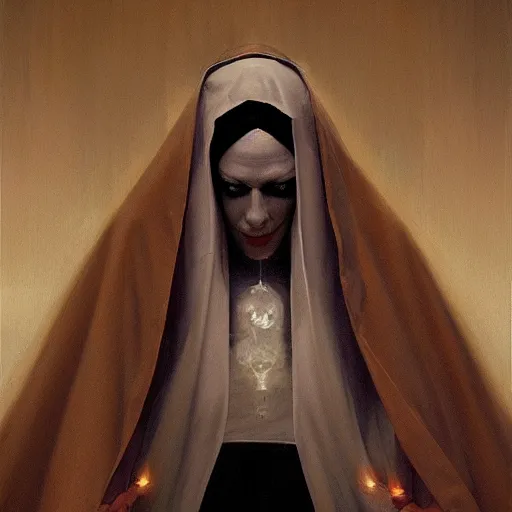 Prompt: portrait of a scary ghostly nun highly detailed, centered, digital painting, artstation, concept art, by donato giancola Greg Rutkowski, trending on Artstation, Joseph Christian Leyendecker, WLOP, Boris Vallejo, octane render, dark, moody, foggy