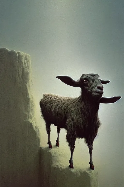 Image similar to painting of hybrid between human andy milonakis and a goat, by zdzislaw beksinski, by tiffany bozic, cold hue's, warm tone gradient background, concept art, beautiful composition, digital painting