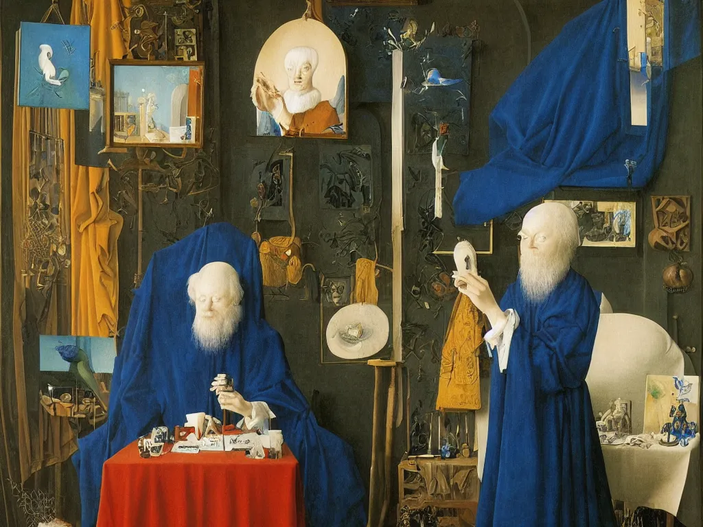 Prompt: Portrait of albino mystic with blue eyes, painting his self-portrait. Painting by Jan van Eyck, Audubon, Rene Magritte, Agnes Pelton, Max Ernst, Walton Ford