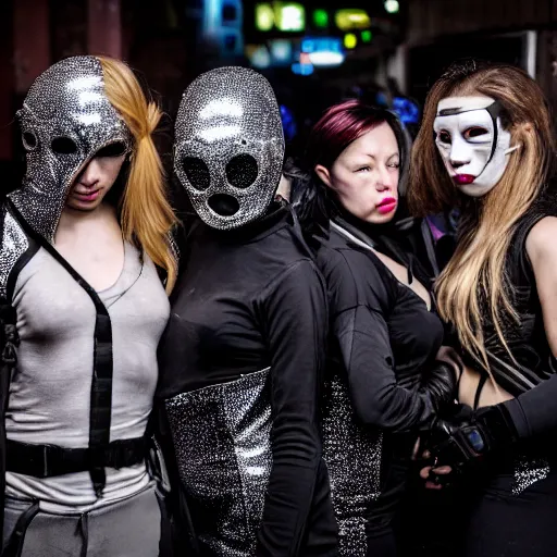 Prompt: photograph of a provocative techwear female group near the bar of a packed busy rundown nightclub in the future, lots of people, variety of sharp sparkly creepy masks, harnesses and garters, retrofuturism, brutalism, cyberpunk, sigma 85mm f/1.4, 15mm, 35mm, tilted frame, long exposure, 4k, high resolution, 4k, 8k, hd, wide angle lens, highly detailed, full color, harsh light and shadow, intoxicatingly blurry