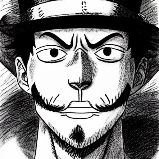 Image similar to [ luffy mustache ] ( by kim jung gi ) ( by george morikawa ) ( by kentaro miura ) ( by eiichiro oda )