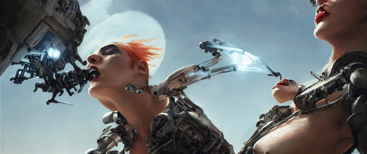 Image similar to tank girl, highly detailed, half human, half cyborg, power implants, full body transmogrify, low camera angle, point of view looking up from below, beautiful, mesmerising, look of desire, loving stare, battle action shot, digital painting, trending on artstation, concept art, 4 k, sharp focus, illustration, art by greg rutkowski