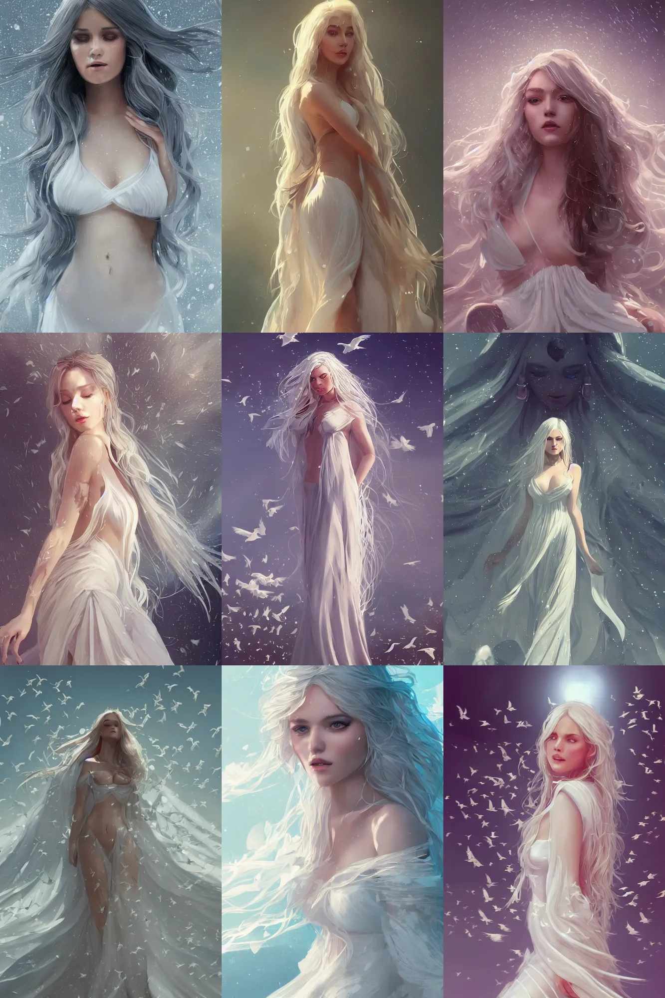 Image similar to A beautiful woman with curvaceous body and long white hair, surrounded by white doves, wearing a long flowy fabric, cinematic lighting, soft bokeh, sci-fi, modern, colourful, highly detailed, digital painting, artstation, concept art, sharp focus, illustration, by WLOP