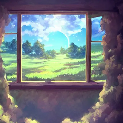 Prompt: a heavenly dream view from the interior of my cozy meadow of dream power-lines from a Makoto Shinkai oil on canvas inspired pixiv dreamy scenery art majestic fantasy scenery cozy window frame fantasy pixiv scenery art inspired by magical fantasy exterior