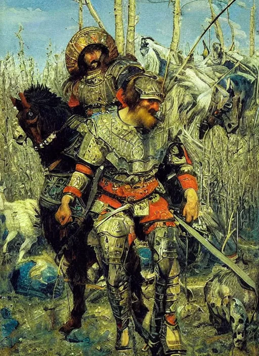 Image similar to warrior inspired a painting Heroes (Bogatyri) Viktor Vasnetsov