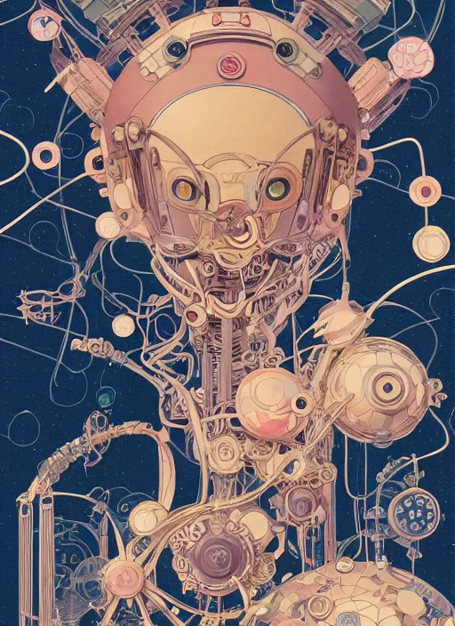 Image similar to an art nouveau kawaii gouache painting, by yoshitaka amano, by Victo Ngai, by shaun tan, by good smile company, detailed anime 3D render of an attractive male modular mechanical android, portrait, cgsociety, artstation, modular art nouveau mechanical costume and headpiece, futuristic setting bokeh depth of field