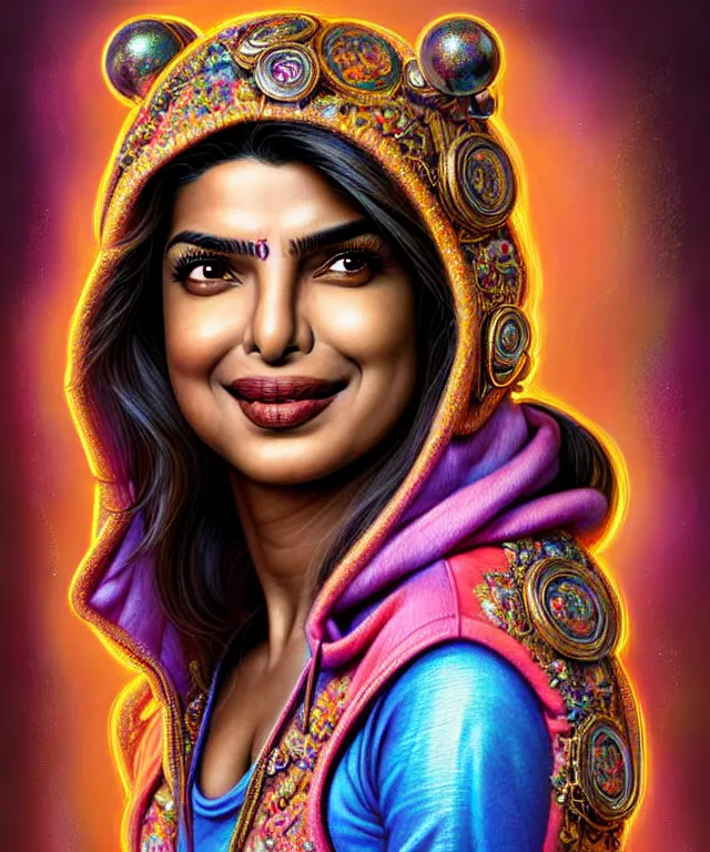 Prompt: Portrait of Priyanka Chopra , D&D, fantasy, intricate, richly detailed colored pencil 3D illustration of a beautiful with long metallic hair wearing a hoodie and short shorts that is evil and happy. mirrored background with completely rendered reflections, art by Range Murata and Artgerm highly detailed, digital painting, trending on artstation, sharp focus, illustration, style of Stanley Artgerm, perfect smile and tooth