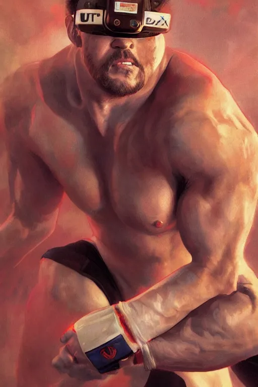 Image similar to painting of a wrestler character wearing vr goggles, shrugging arms, ultra realistic, sharp details, subsurface scattering, intricate details, warm lighting, highly detailed, photorealistic, octane render, 8 k, unreal engine, art by artgerm and greg rutkowski and alphonse mucha