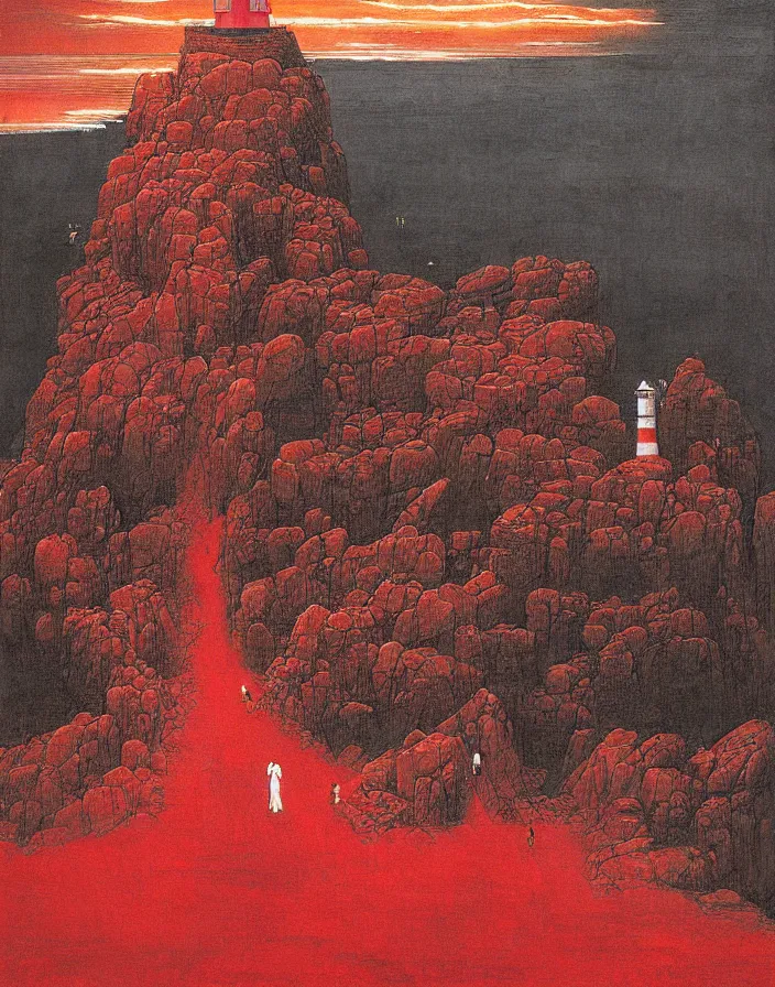 Image similar to worshippers in red robes belonging to the cult of the lighthouse clambering out of the water onto the rocky shore at the base of the light house, walking into the entrance of the light house, high detailed beksinski painting, part by adrian ghenie and gerhard richter. art by takato yamamoto. masterpiece, deep colours, blue